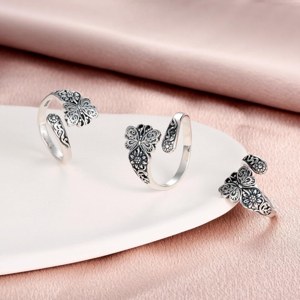 Sterling Silver Spoon Rings for Women: Vintage Butterfly Lotus Just Breathe Turq - Picture 6 of 8